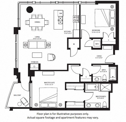Floor plan for 2 beds, 2 baths, 1460 sqft